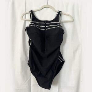Miraclesuit, hi necked, black with white piping